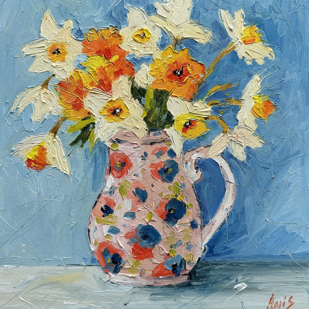 Impressionistic Botanical Oil Painting By Irina Anis, 12 X 12, Spring Flower Daffodils, Original Artwork