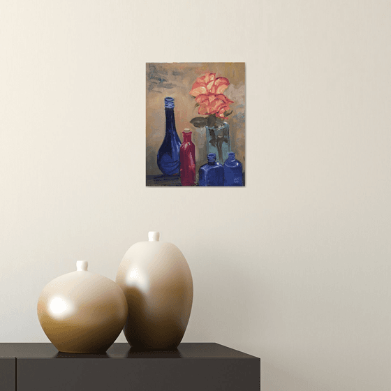 Still life painting of Glass bottles and roses