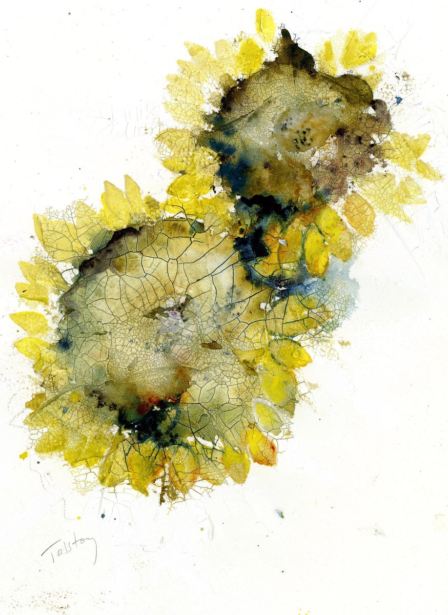 Impressionistic Botanical Painting By Alex Tolstoy, 10 X 14, Crackling Sunflowers, Original Artwork