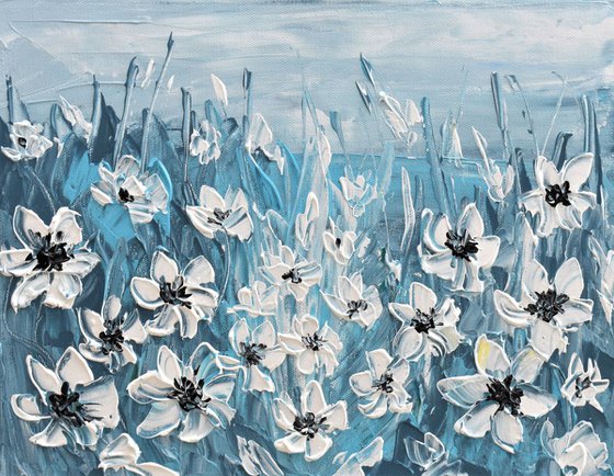 White Flowers on Blue