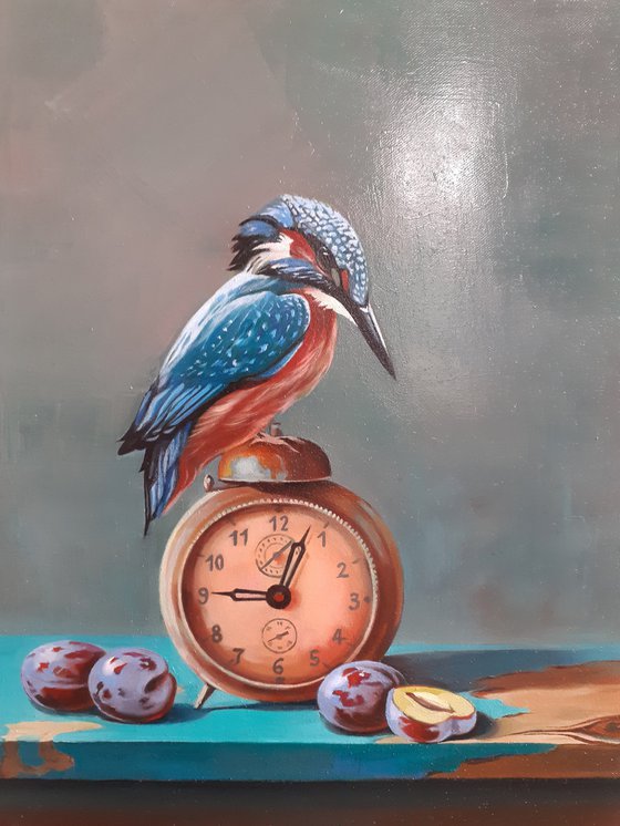 Still life with bird and Old watch(24x30cm, oil painting, ready to hang)