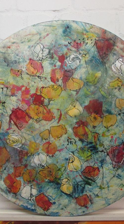 abstract golden flowers Oilpainting round canvas 31,5 inch by Sonja Zeltner-Müller