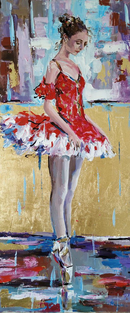 Ballerina in Red-Ballerina painting on canvas. by Antigoni Tziora