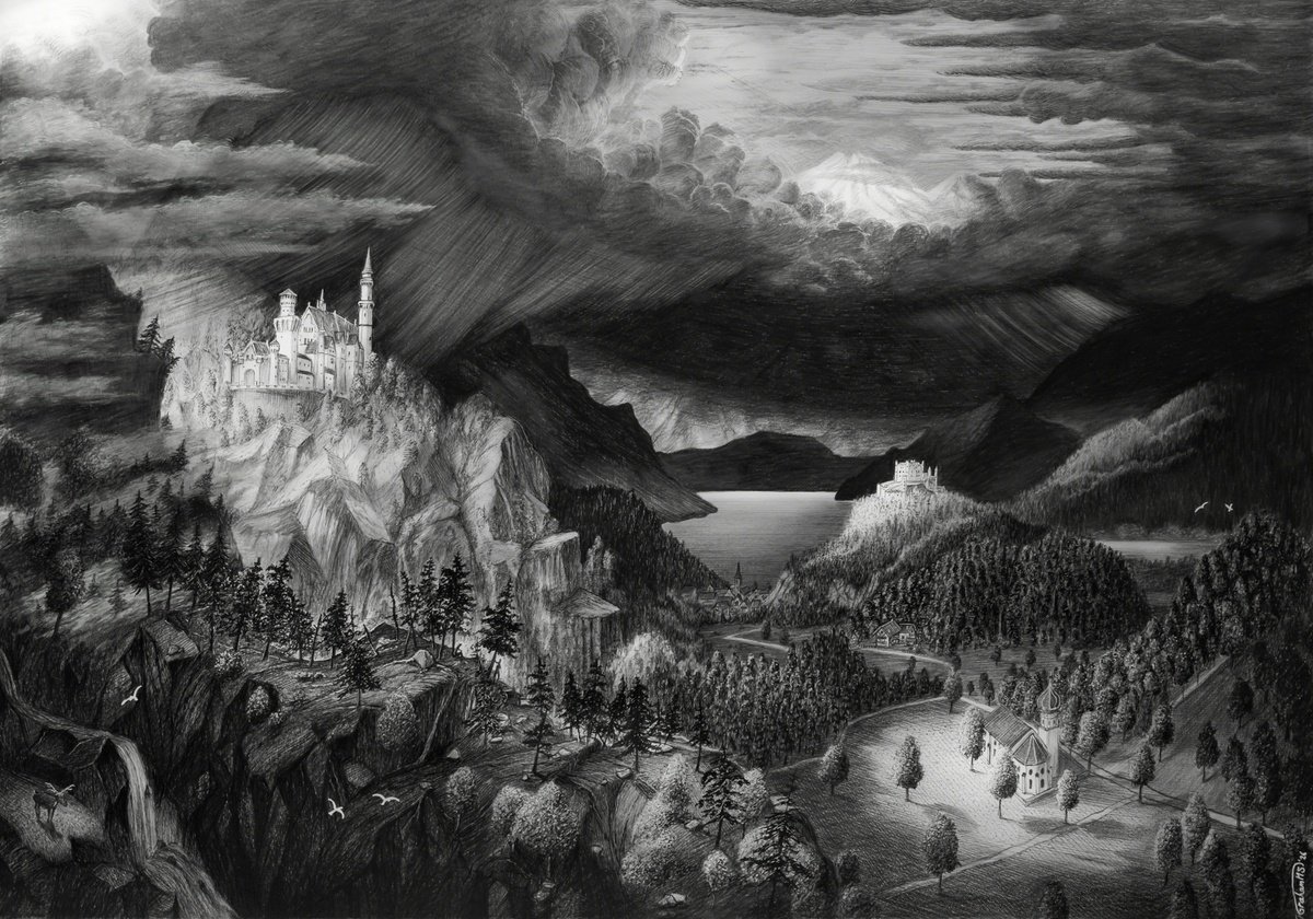 Illustrative Pencil Drawing , Storm Passing Neuschwanstein By Graham Mckenzie-Smith, 24 X 17, Artwork For Sale On Artfinder