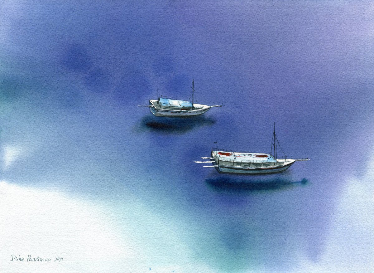 Boats in the blue ocean original wall art watercolor painting in blue colors living room... by Irina Povaliaeva