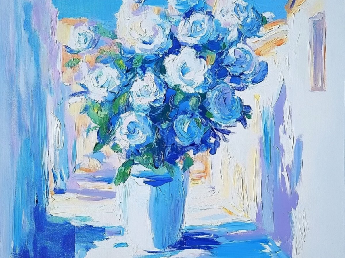Impressionistic Botanical Print By Elena Avanesova, 31 X 24, Blue Roses, Original Artwork