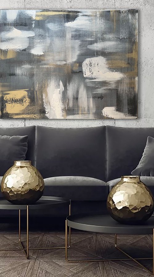 100x80cm Gray gold silver abstract painting. Mother-of-pearl luxury by Marina Skromova