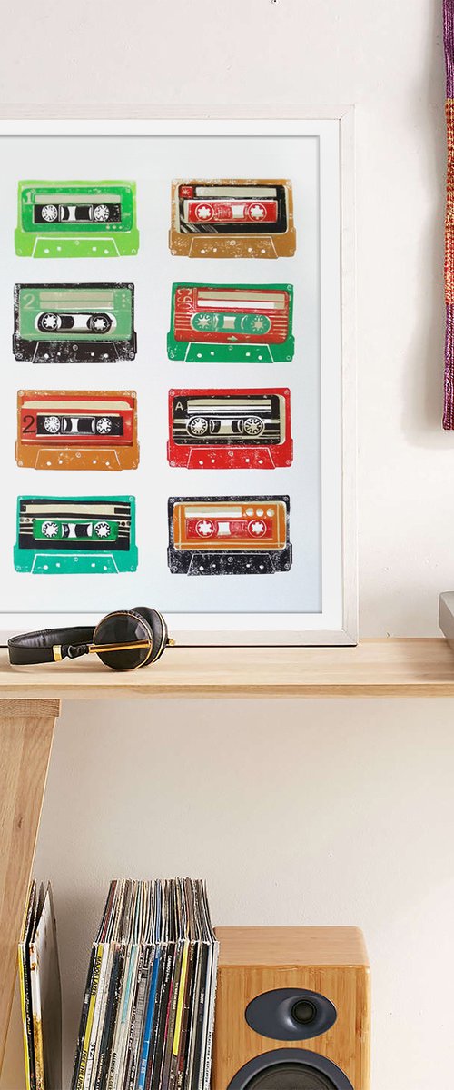 Linocut tapes #38 (cassette tapes, retro music, 70's, 80's rock culture) by Carolynne Coulson