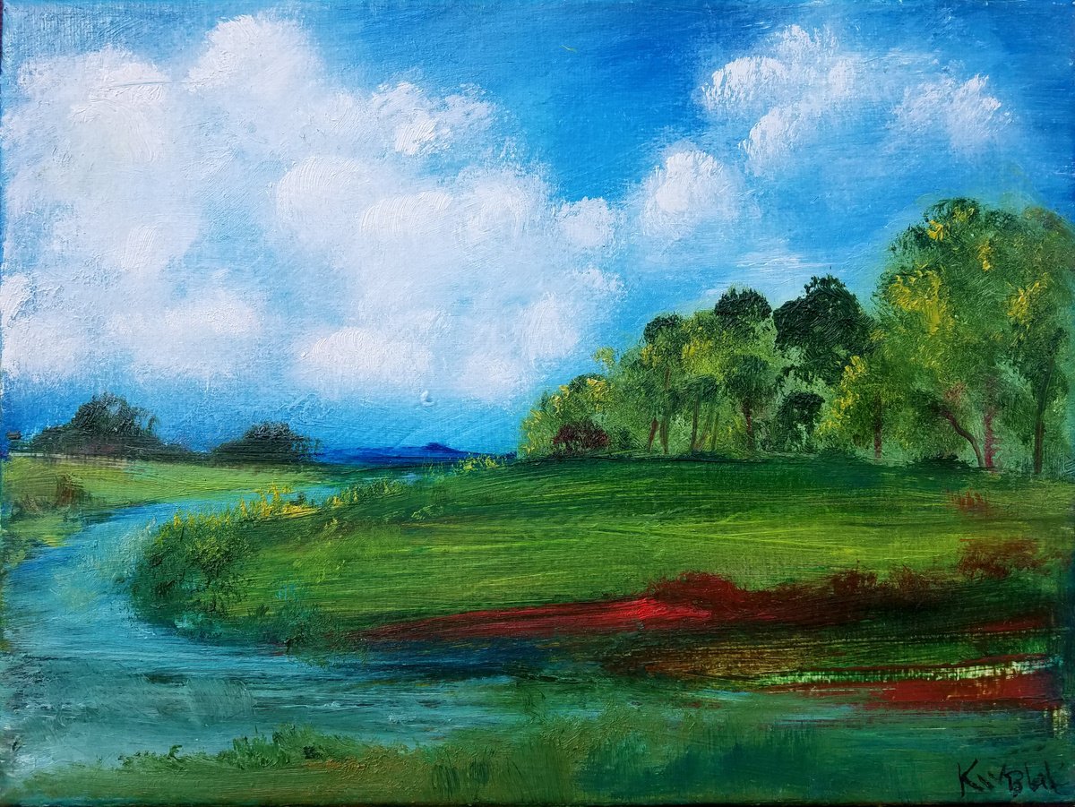 Impressionistic Landscape Oil Painting By Kevin Blake, 12 X 9", Willow Stream, Original Artwork