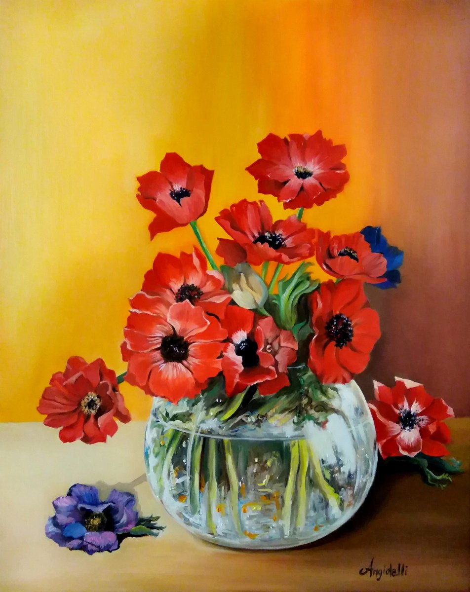 Photorealistic Botanical Oil Painting By Anna Rita Angiolelli, 16 X 20, Anemones, Original Artwork