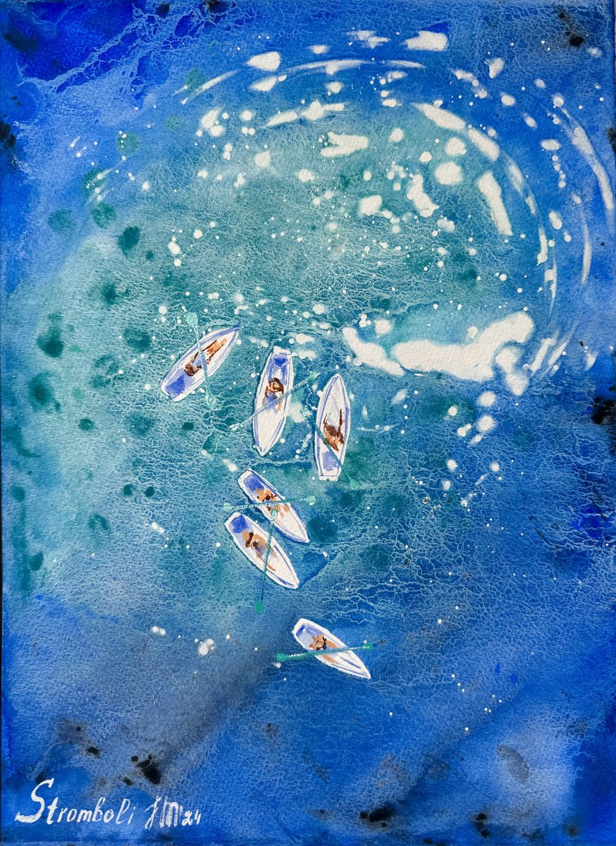 Expressive Landscape Watercolour By Yuliia Sharapova, 16 X 20", Island-Volcano Stromboli Eolie, Original Artwork