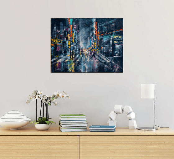 "Street of the night city" people with umbrella , original oil painting