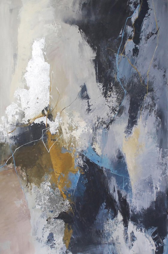 "Glory" Abstract navy blue silver acrylic art