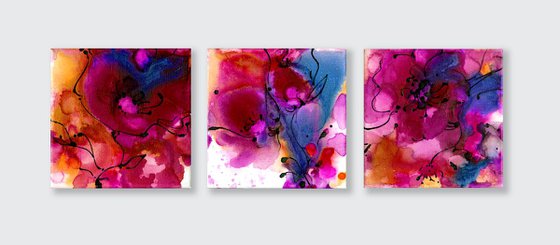 Blossoming  Lullaby Collection 1 -  Set of 3 Abstract Floral Paintings by Kathy Morton Stanion