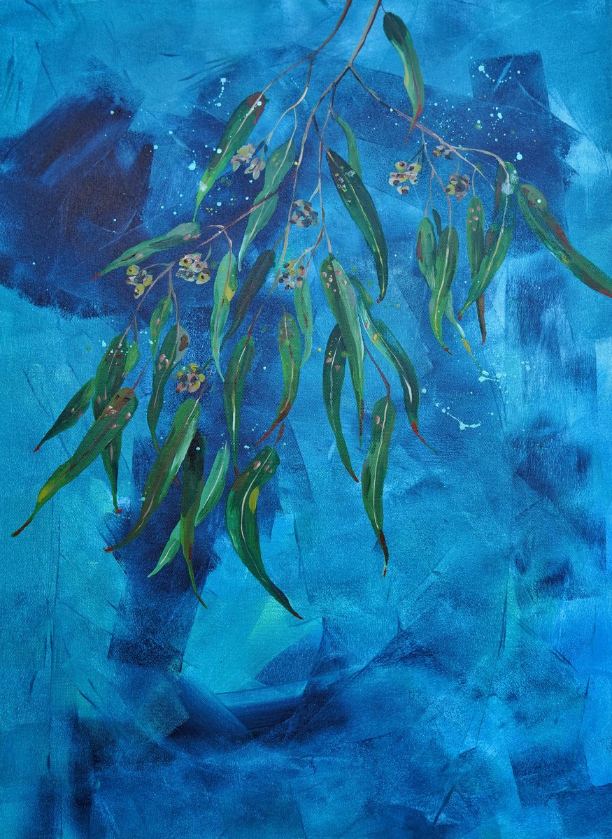 Impressionistic Botanical Acrylic Painting By Delnara El, 20 X 28, Eucalyptus On Blue Expressive Background, Original Artwork