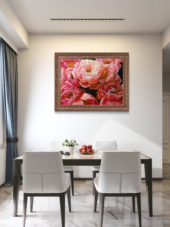 Red peonies on dark background