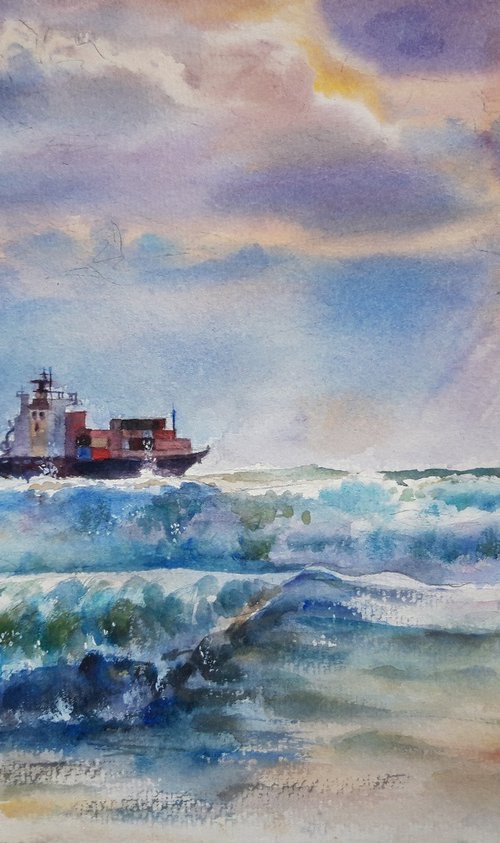 Ship in a stormy sea. by Bozhidara Mircheva