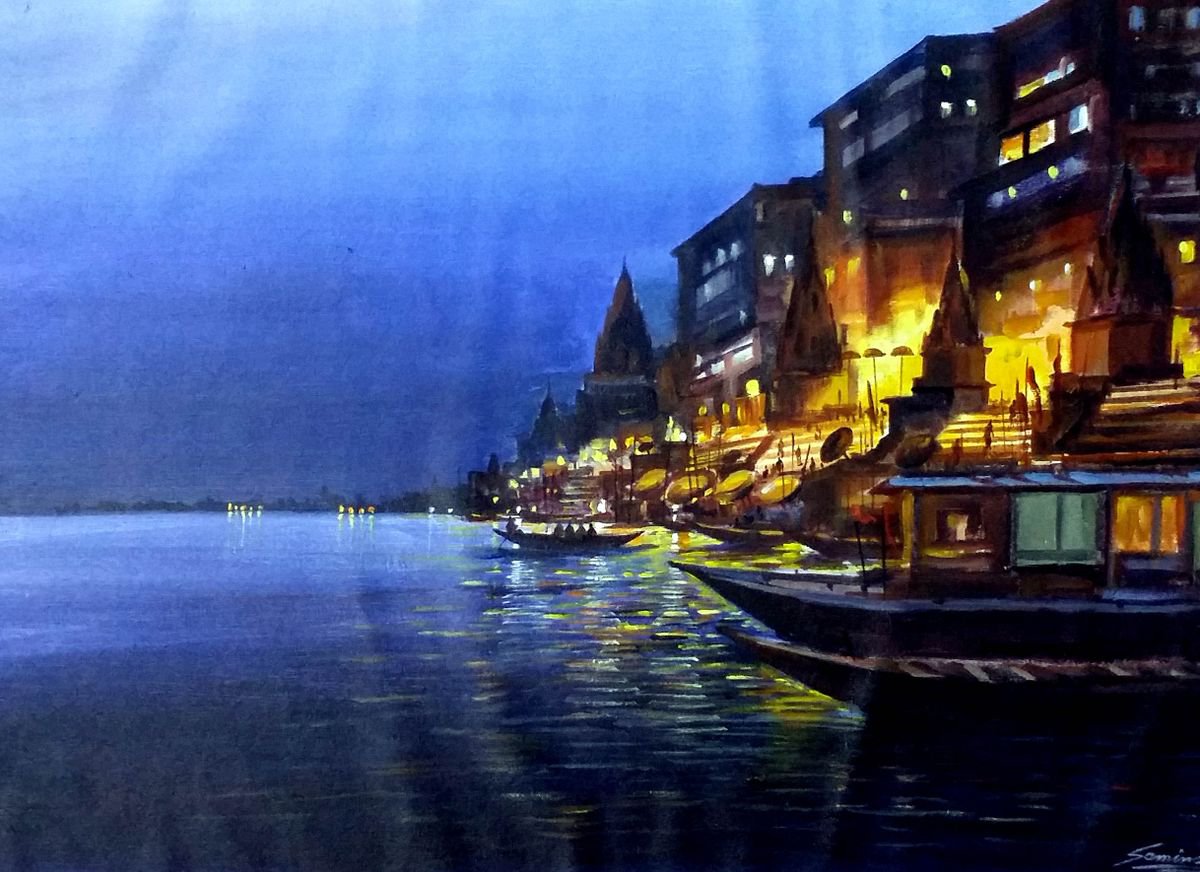 Cityscapes Acrylic Painting By Samiran Sarkar, 30 X 23", Varanasi Ghats At Night, Original Artwork