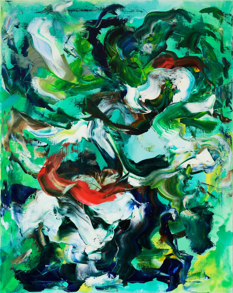 Abstract Oil Painting By Simon Findlay, 31 X 39", Lots Of Fish, All Swimming, Original Artwork