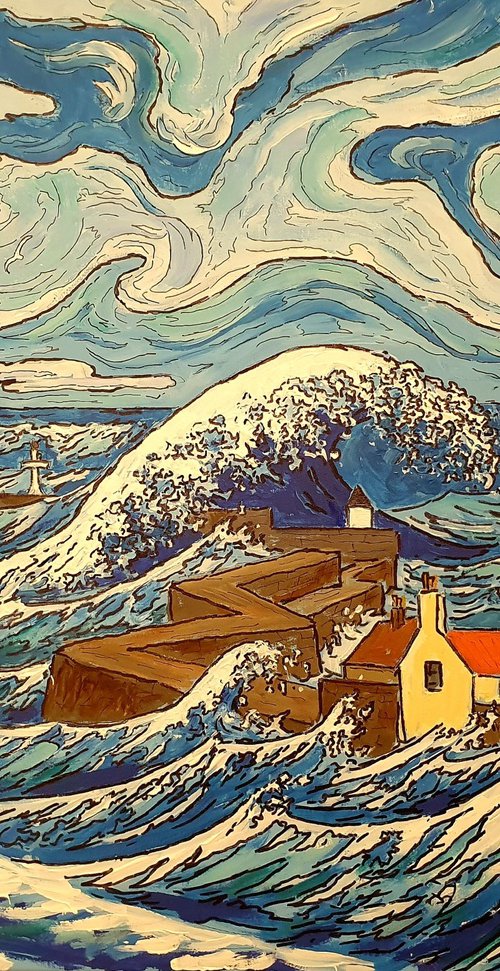 storm babet, pittenweem [in style of hokusai] by Colin Ross Jack