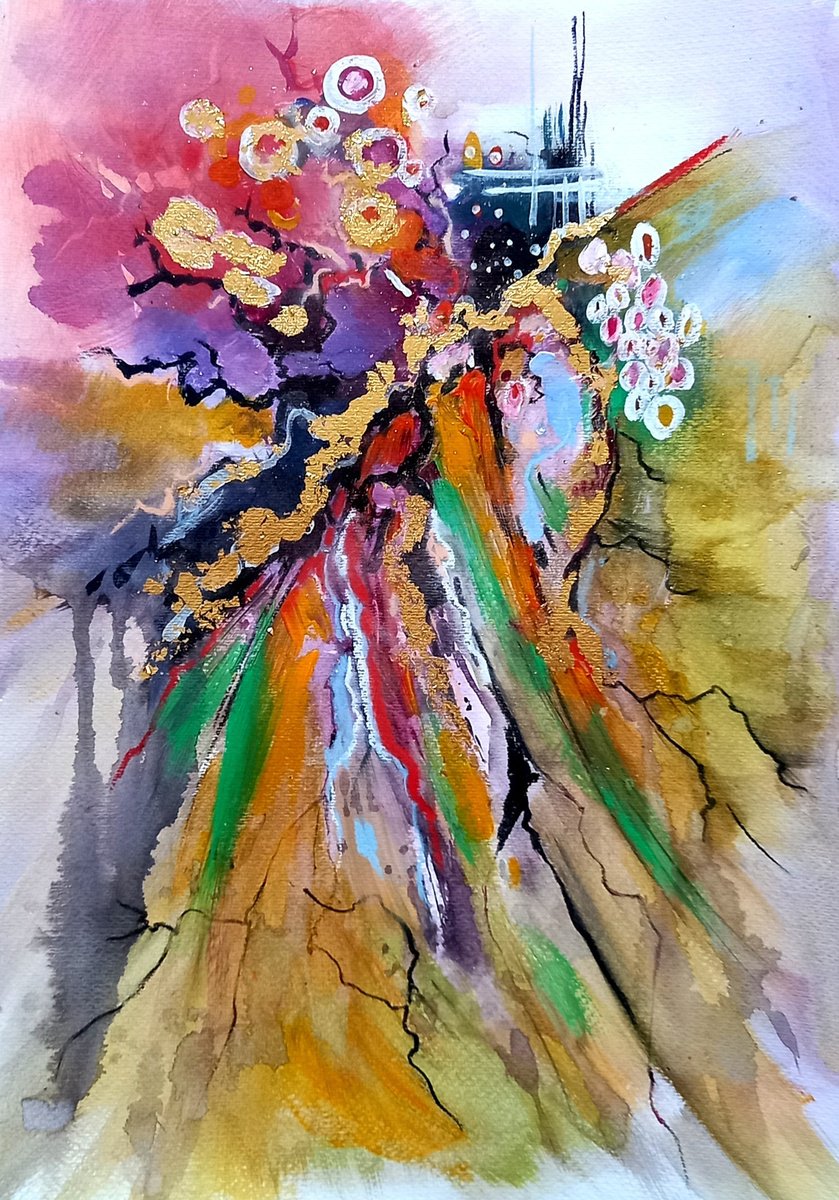 Expressive Abstract Acrylic Painting By Kovacs Anna Brigitta, 14 X 20", Abstract With Gold Leaf Ii, Original Artwork