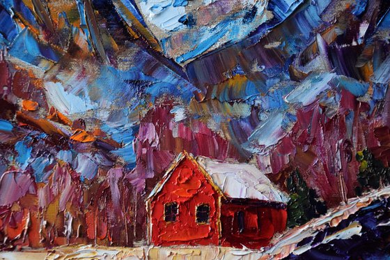 Original palette knife oil painting Red house in Norway mountains