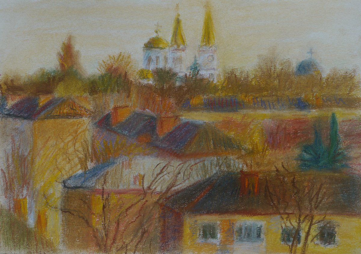 Impressionistic Cityscapes Pastel Drawing By Elena Lykhodid, 12 X 8, Quarantine. View From Window 2., Original Artwork