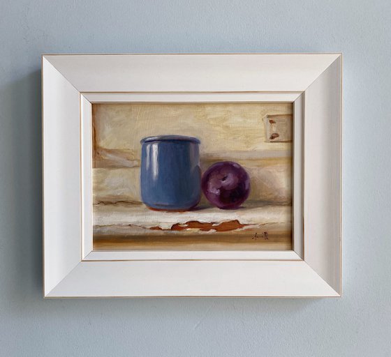 Original Oil Still Life Plum and French Pot in a Window.