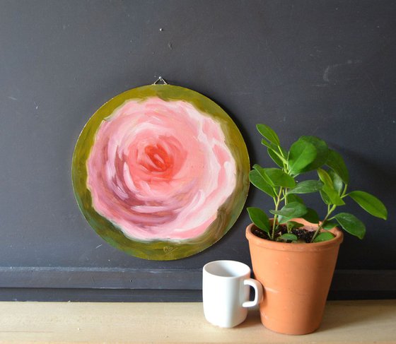 Round Pink Rose Flower Oil Painting on Canvas Board