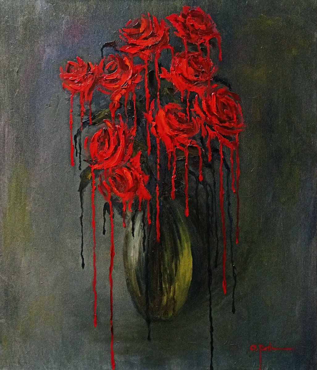 Impressionistic Botanical Oil Painting By Oleh Rak, 24 X 28", Roses Of Past Love, Original Artwork