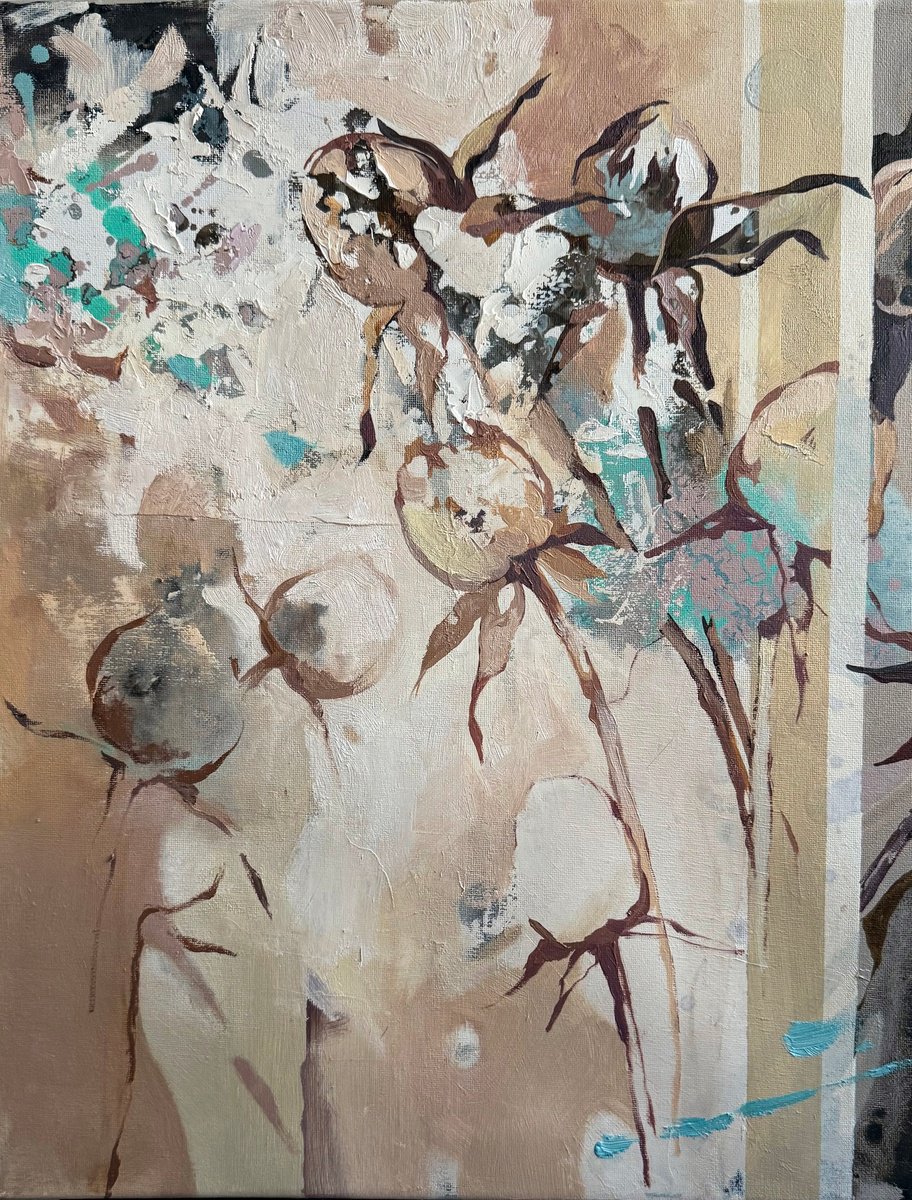 Abstract Botanical Oil Painting By Natalia Yampolskaia, 16 X 20", Spring Is Coming 1, Original Artwork