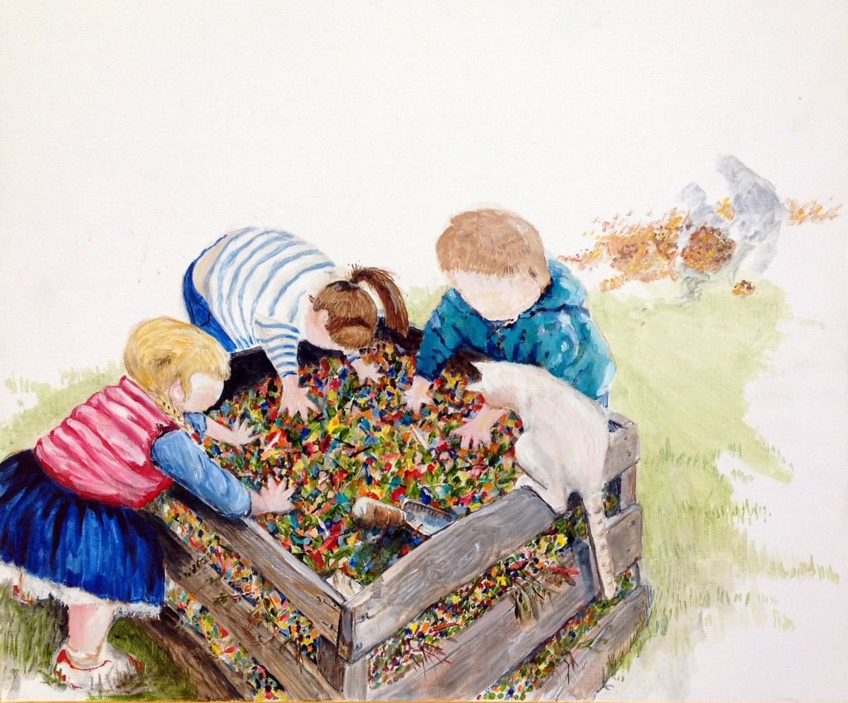 Naive Portrait Oil Painting By Chris Walker, 22 X 18, In And Out Of The Compost, Original Artwork