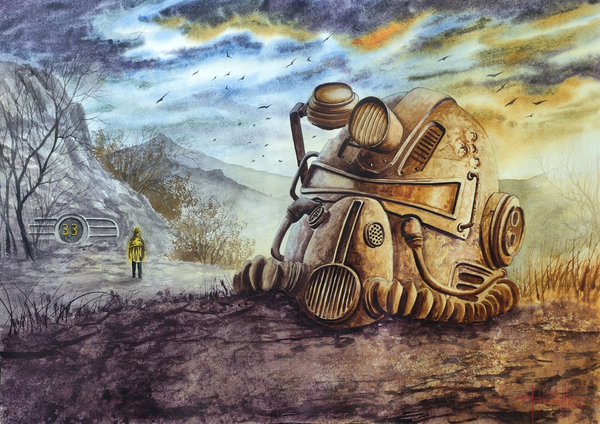 Photorealistic Watercolour , Fallout. Knight Helmet By Eugene Gorbachenko, 28 X 20, Artwork For Sale On Artfinder
