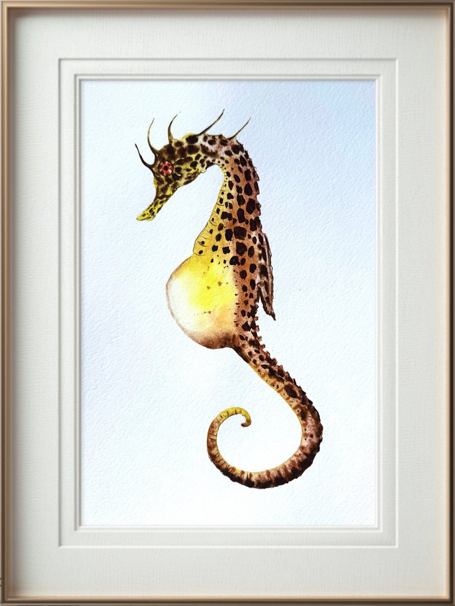 Animal Print By Yuliia Sharapova, 8 X 12", Yellow Seahorse Underwater, Original Artwork