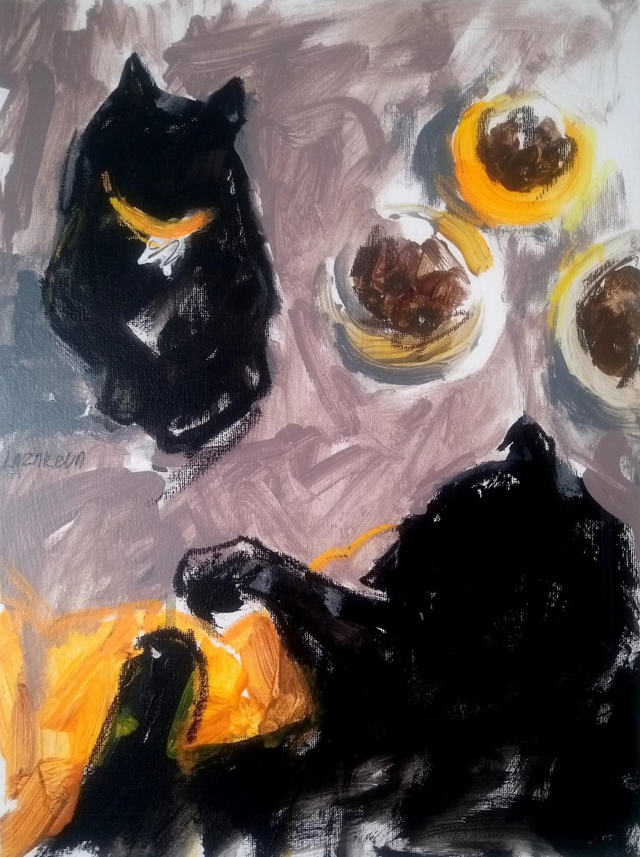 Black cats & yellow plate#2 by Valerie Lazareva