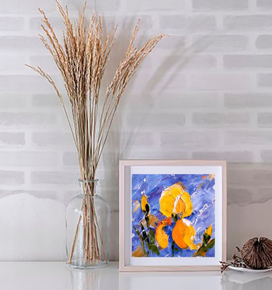 Irises Painting Floral Original Art Abstract Yellow Flowers Small Oil Impasto Pallete Knife Artwork Home Wall Art 6 by 6" by Halyna Kirichenko