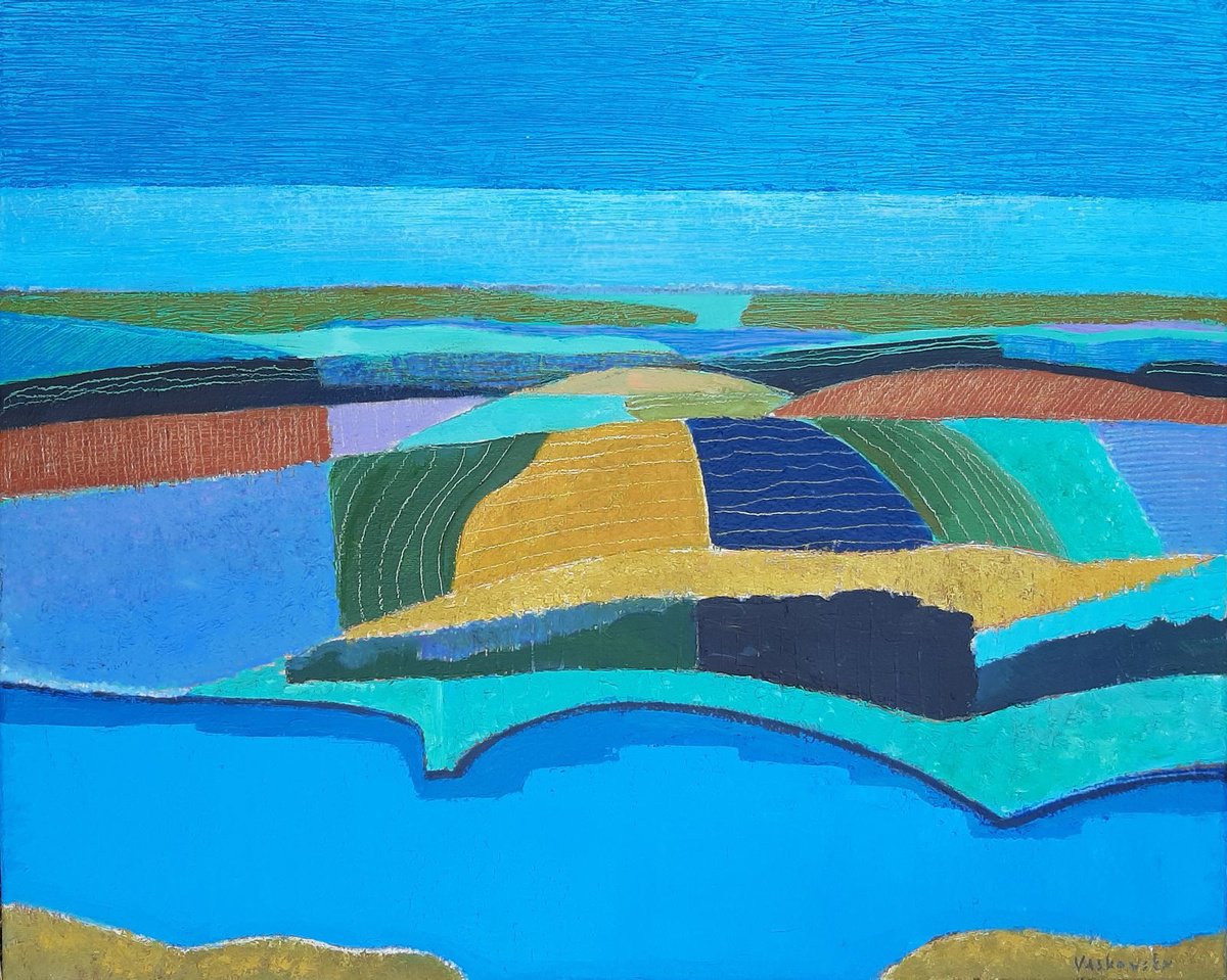 Naive Landscape Oil Painting By Vadim Vaskovsky, 20 X 16", Blue Night, Original Artwork