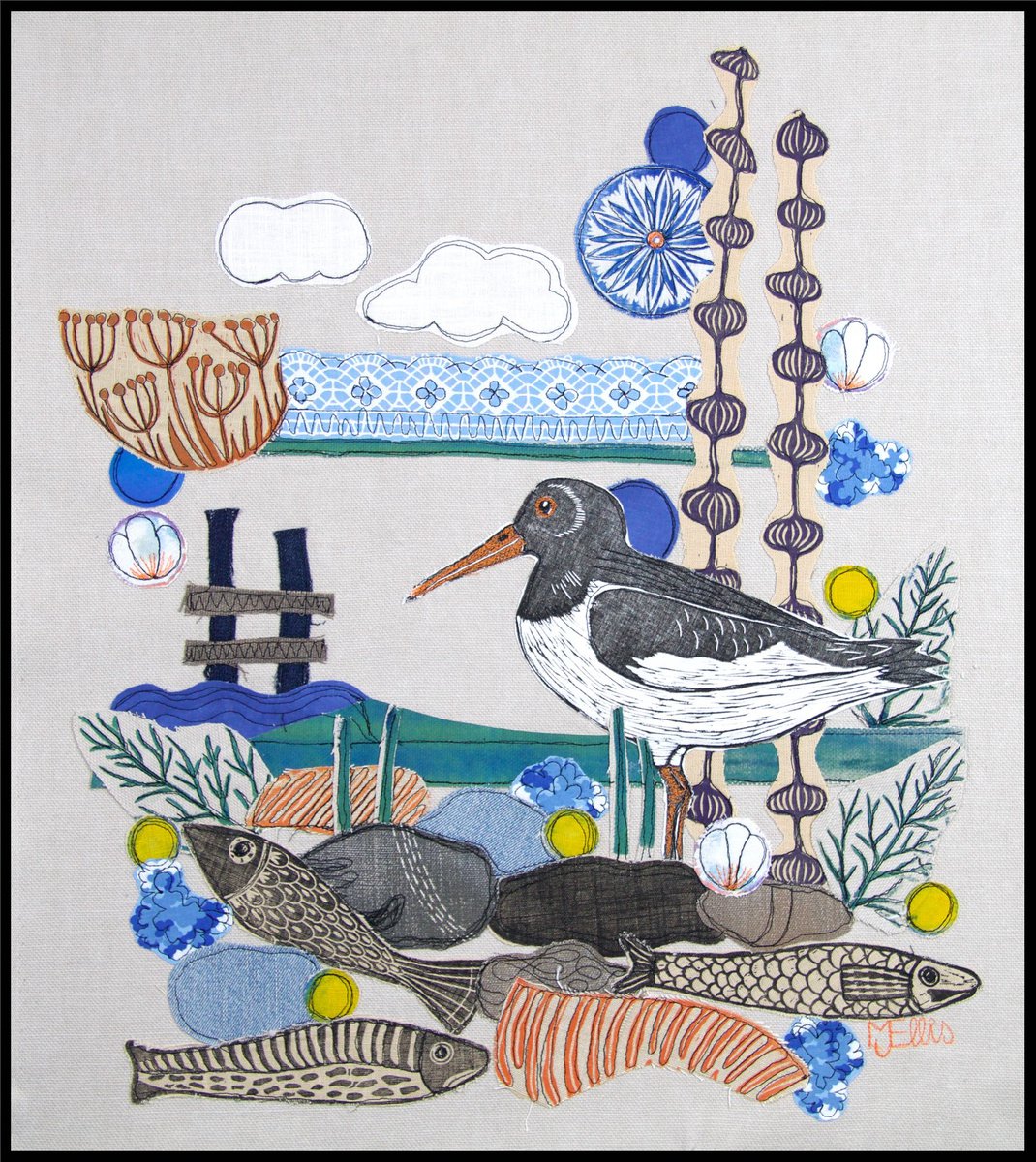 Oystercatcher, linocut textile collage with all handprinted fabrics and embroidery by Mariann Johansen-Ellis