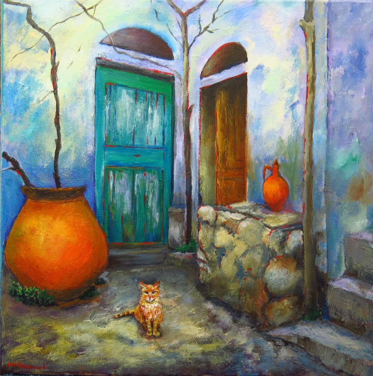 Impressionistic Animal Acrylic Painting By Maureen Greenwood, 20 X 20", A Backyard In Cyprus, Original Artwork