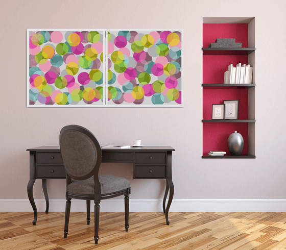 Abstract multicolored bright circles pink gray green turquoise- Diptych #1 & #2