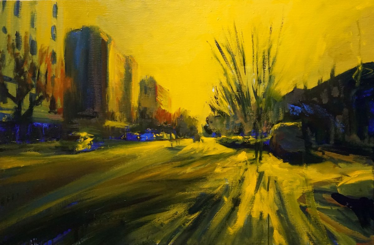 Urban And Pop Cityscapes Oil Painting By Manuel Leonardi, 32 X 21", Yellow Winter, Original Artwork