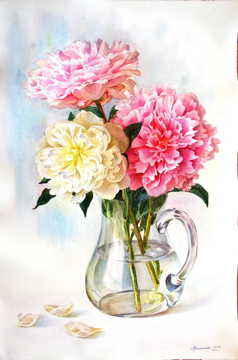 Photorealistic Botanical Watercolour By Yulia Krasnov, 15 X 22", Peonies, Original Artwork