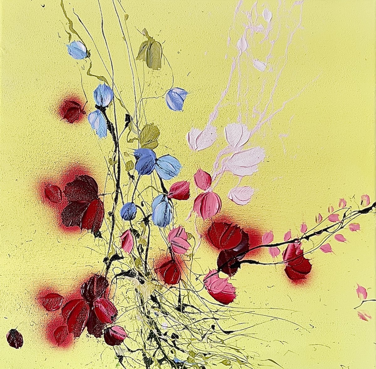 ,,Yellow Day #2" acrylic square artwork with roses 50x50cm by Anastassia Skopp