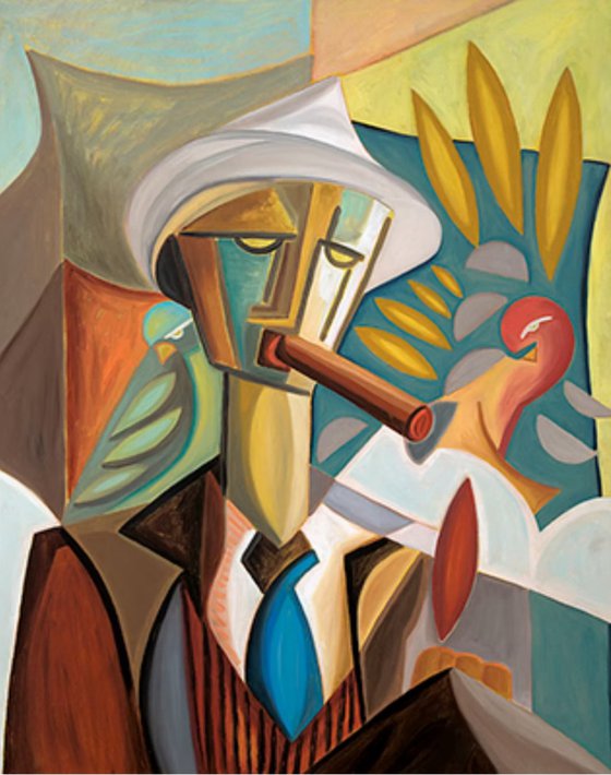 Cubist Man with Cigar Contemplating Life
