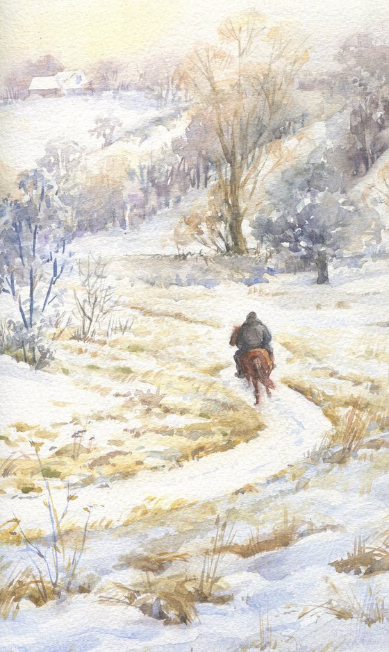 Winter landscape with a horse rider / ORIGINAL watercolor 22x15in (56x38cm)