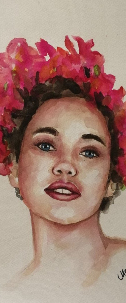 Girl with flowers - original watercolor portrait by Mateja Marinko