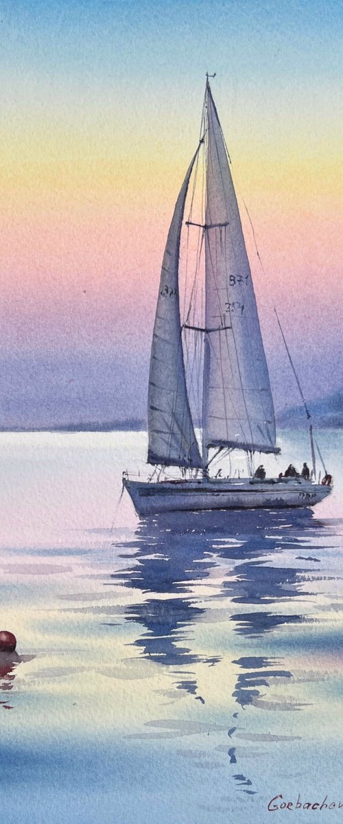 Yacht in the sea at sunset #8 by Eugenia Gorbacheva