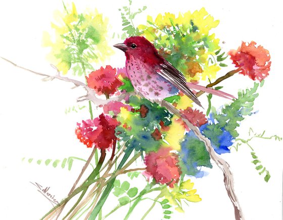 Rosefinch and Wildflowers