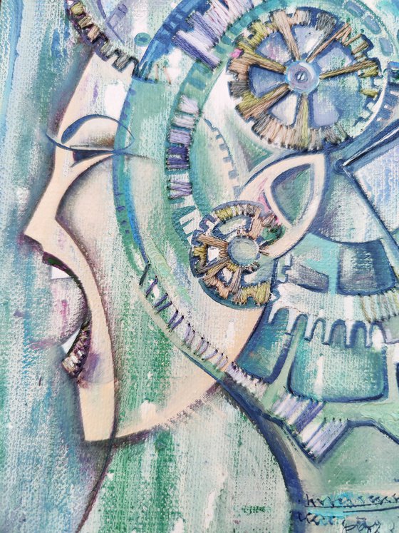 Scream through time, steampunk, pale blue painting with a woman's face andclockwork, embroidery