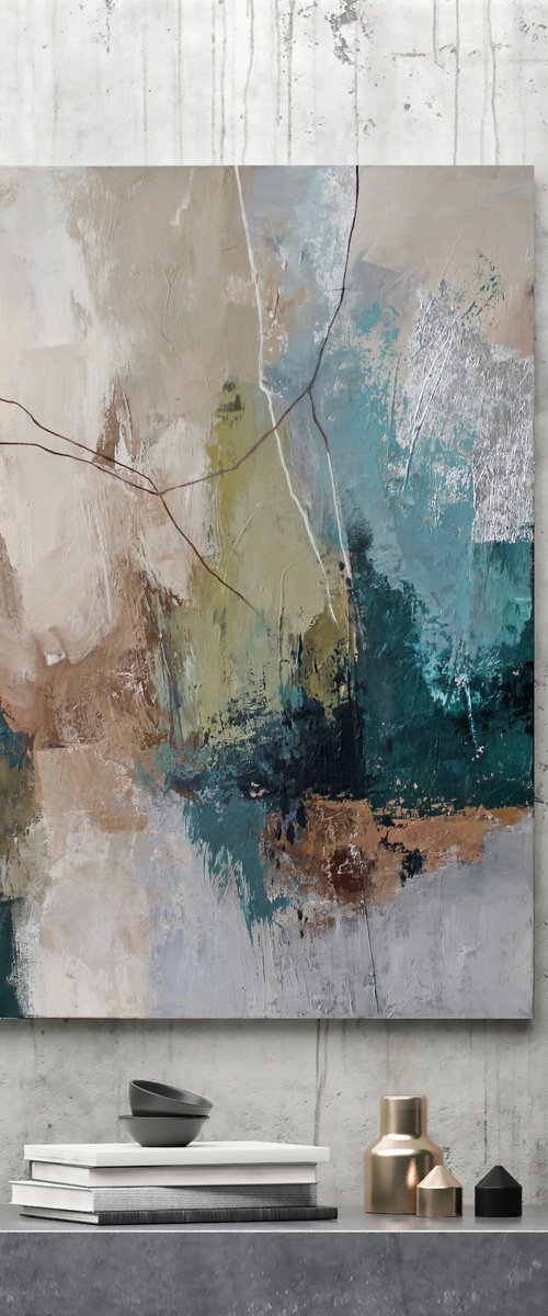 "Fall 3" Abstract acrylic teal green art by Yana Sagan